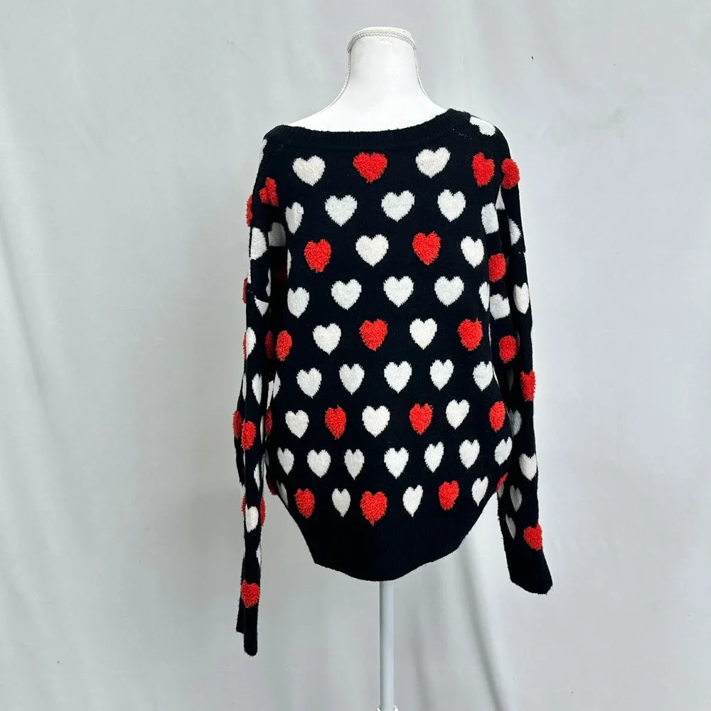 Serra Women XL Cardigan Black Red White Heart Lovecore Romantic V-Neck Sweater